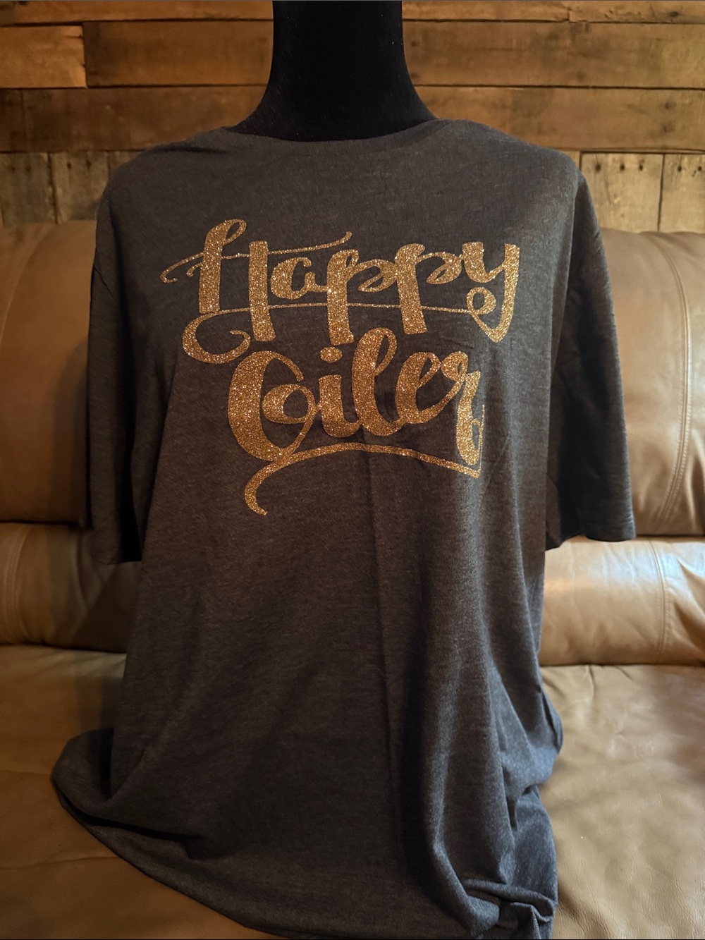 Charcoal Unisex Tee with Gold 'Happy Oiler' Script